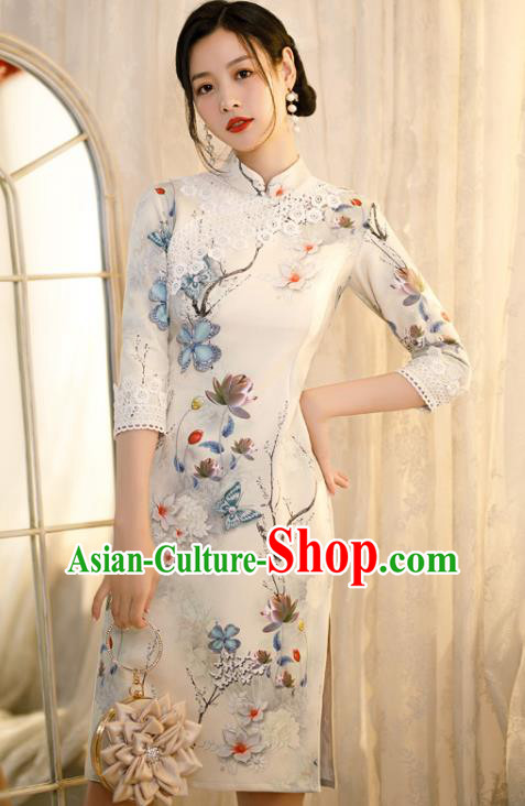 Chinese Traditional Shang Hai White Lace Cheongsam Classical Printing Flowers Qipao Dress Chinese Traditional Shang Hai White Lace Cheongsam Classical Printing Flowers Qipao Dress