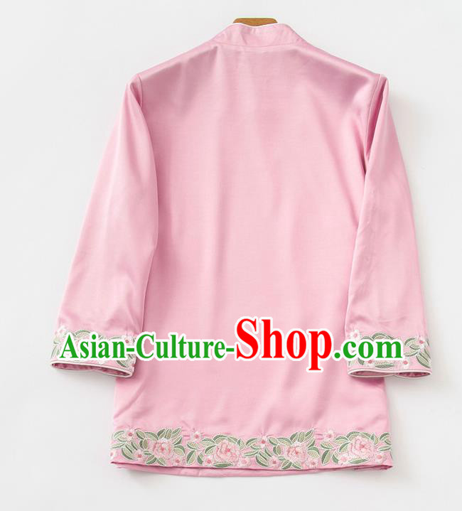 China Tang Suit Upper Outer Garment Blouse Traditional Embroidered Roses Pink Silk Shirt China Tang Suit Upper Outer Garment Blouse Traditional Embroidered Roses Pink Silk Shirt