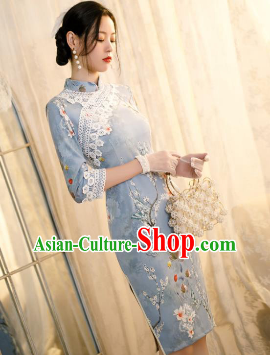 Chinese Classical Printing Flowers Blue Qipao Dress Traditional Shang Hai Cheongsam Chinese Classical Printing Flowers Blue Qipao Dress Traditional Shang Hai Cheongsam