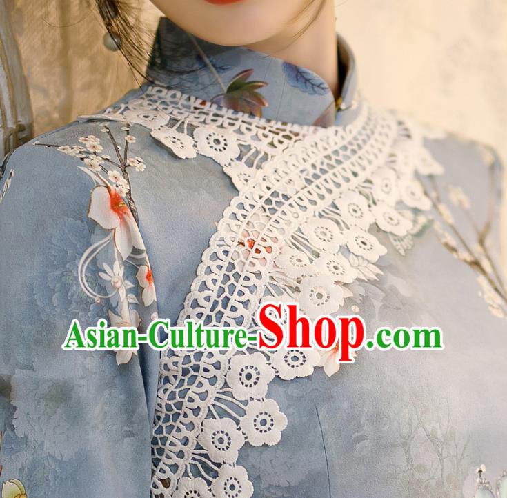 Chinese Classical Printing Flowers Blue Qipao Dress Traditional Shang Hai Cheongsam Chinese Classical Printing Flowers Blue Qipao Dress Traditional Shang Hai Cheongsam
