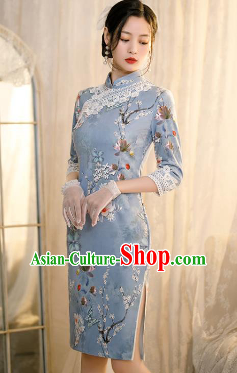 Chinese Classical Printing Flowers Blue Qipao Dress Traditional Shang Hai Cheongsam Chinese Classical Printing Flowers Blue Qipao Dress Traditional Shang Hai Cheongsam