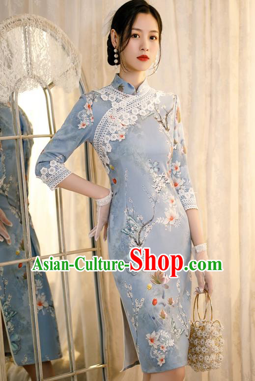 Chinese Classical Printing Flowers Blue Qipao Dress Traditional Shang Hai Cheongsam Chinese Classical Printing Flowers Blue Qipao Dress Traditional Shang Hai Cheongsam