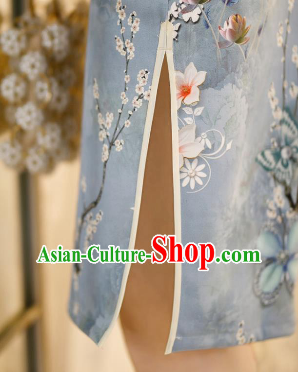 Chinese Classical Printing Flowers Blue Qipao Dress Traditional Shang Hai Cheongsam Chinese Classical Printing Flowers Blue Qipao Dress Traditional Shang Hai Cheongsam