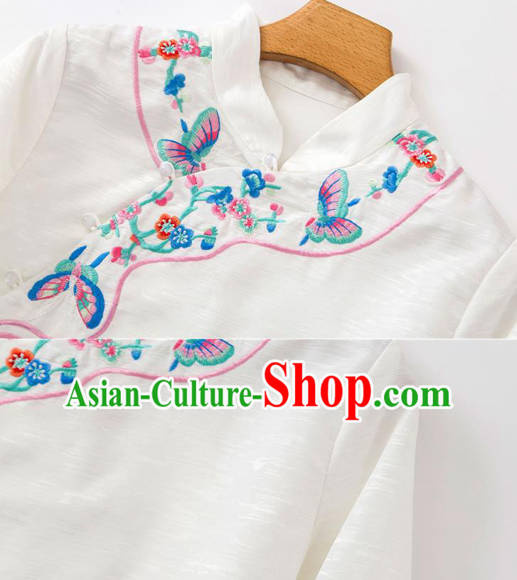 China Women Blouse Traditional Embroidered Butterfly White Flax Shirt Tang Suit Upper Outer Garment China Women Blouse Traditional Embroidered Butterfly White Flax Shirt Tang Suit Upper Outer Garment