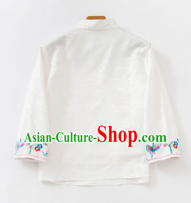 China Women Blouse Traditional Embroidered Butterfly White Flax Shirt Tang Suit Upper Outer Garment China Women Blouse Traditional Embroidered Butterfly White Flax Shirt Tang Suit Upper Outer Garment