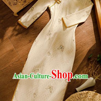 Chinese Classical Beige Lace Qipao Dress Traditional Young Lady Cheongsam