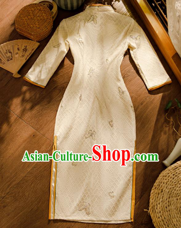 Chinese Classical Beige Lace Qipao Dress Traditional Young Lady Cheongsam Chinese Classical Beige Lace Qipao Dress Traditional Young Lady Cheongsam