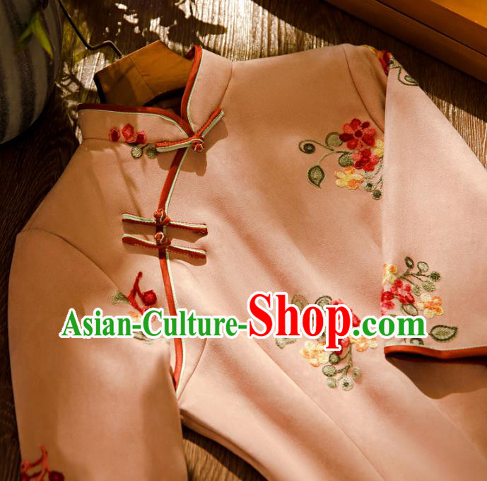 Chinese Classical Winter Qipao Dress Traditional Printing Pink Suede Fabric Cheongsam Chinese Classical Winter Qipao Dress Traditional Printing Pink Suede Fabric Cheongsam