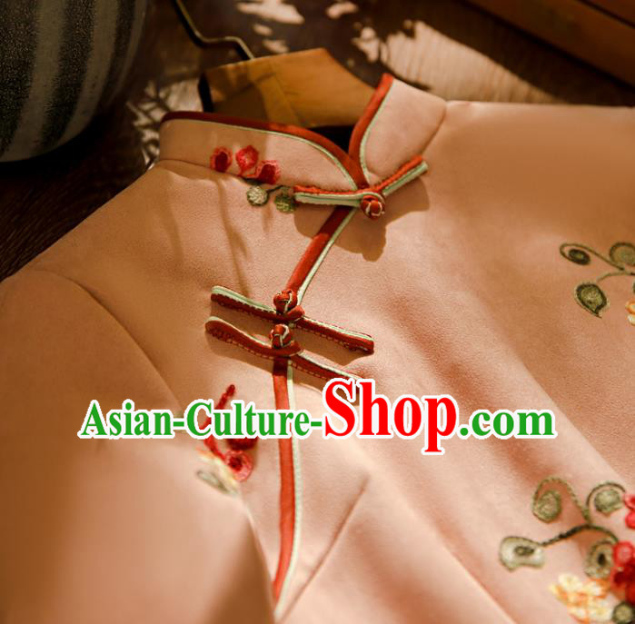 Chinese Classical Winter Qipao Dress Traditional Printing Pink Suede Fabric Cheongsam Chinese Classical Winter Qipao Dress Traditional Printing Pink Suede Fabric Cheongsam