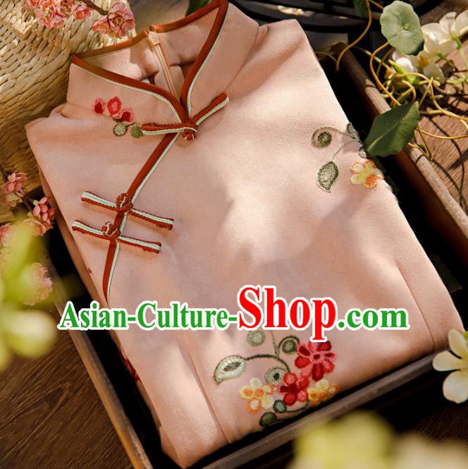 Chinese Classical Winter Qipao Dress Traditional Printing Pink Suede Fabric Cheongsam Chinese Classical Winter Qipao Dress Traditional Printing Pink Suede Fabric Cheongsam