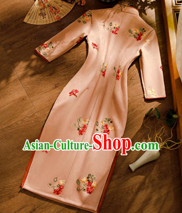 Chinese Classical Winter Qipao Dress Traditional Printing Pink Suede Fabric Cheongsam Chinese Classical Winter Qipao Dress Traditional Printing Pink Suede Fabric Cheongsam
