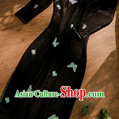 Chinese Classical Sequins Butterfly Qipao Dress Traditional Black Lace Cheongsam Clothing