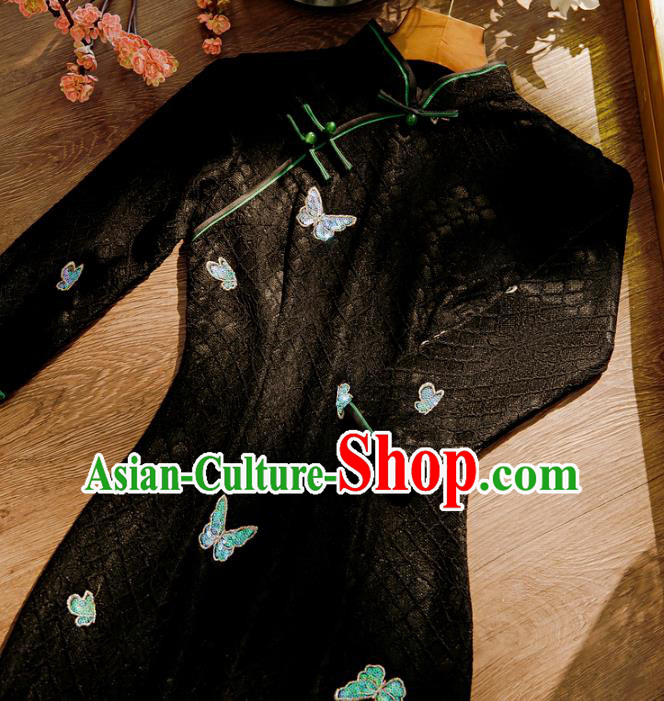 Chinese Classical Sequins Butterfly Qipao Dress Traditional Black Lace Cheongsam Clothing Chinese Classical Sequins Butterfly Qipao Dress Traditional Black Lace Cheongsam Clothing