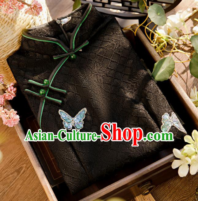 Chinese Classical Sequins Butterfly Qipao Dress Traditional Black Lace Cheongsam Clothing Chinese Classical Sequins Butterfly Qipao Dress Traditional Black Lace Cheongsam Clothing