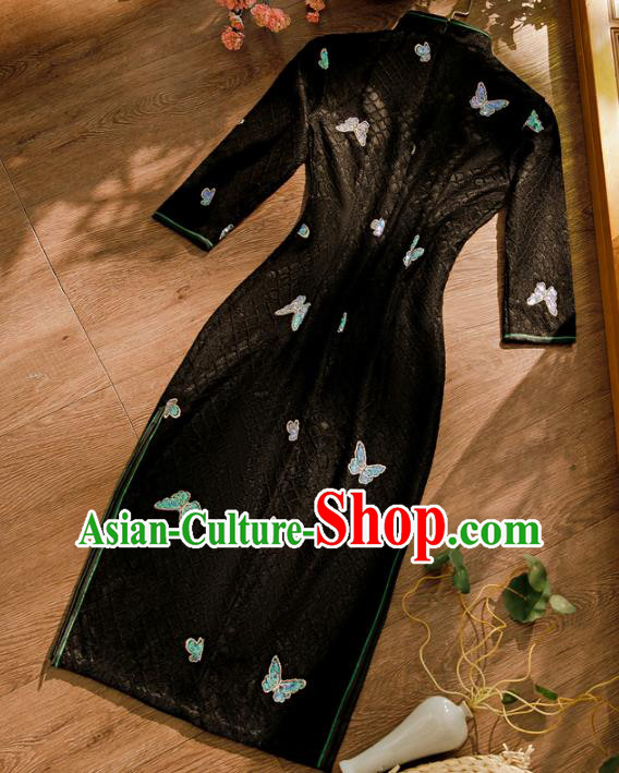 Chinese Classical Sequins Butterfly Qipao Dress Traditional Black Lace Cheongsam Clothing Chinese Classical Sequins Butterfly Qipao Dress Traditional Black Lace Cheongsam Clothing
