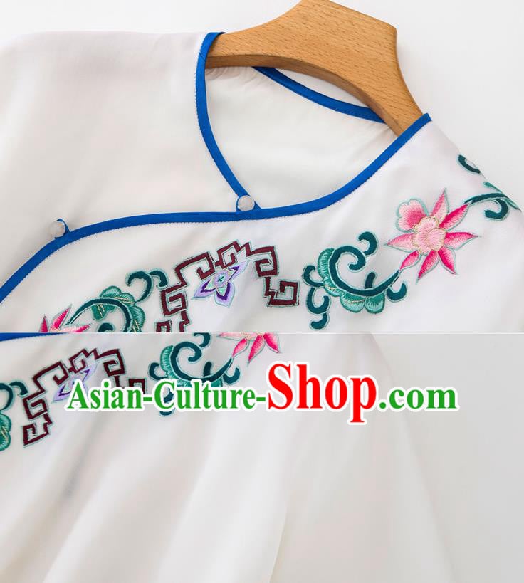 China Traditional Embroidered Flowers White Flax Shirt Tang Suit Upper Outer Garment Women Blouse China Traditional Embroidered Flowers White Flax Shirt Tang Suit Upper Outer Garment Women Blouse