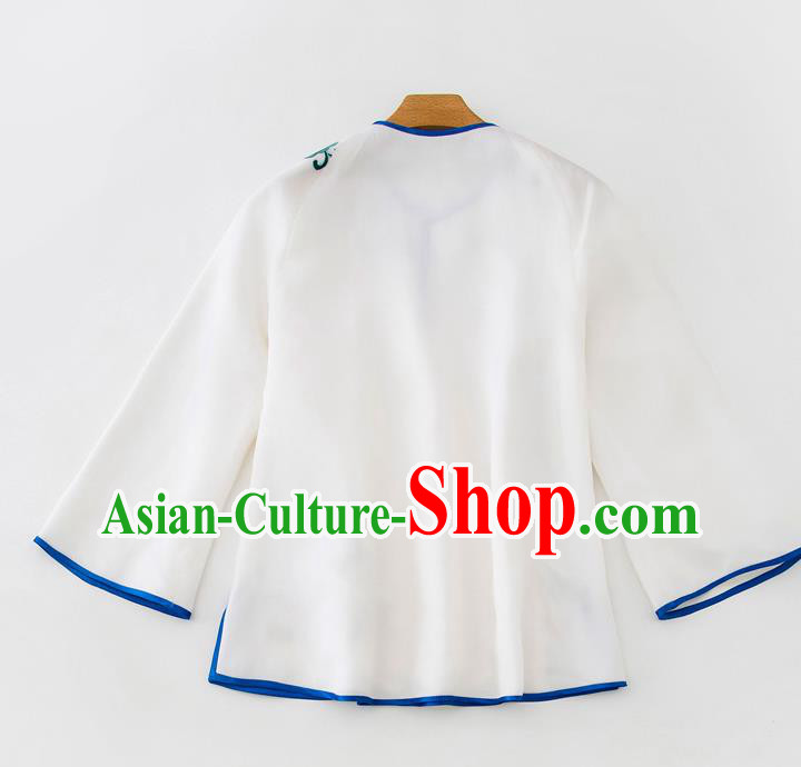 China Traditional Embroidered Flowers White Flax Shirt Tang Suit Upper Outer Garment Women Blouse China Traditional Embroidered Flowers White Flax Shirt Tang Suit Upper Outer Garment Women Blouse