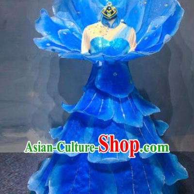 China Traditional Opening Dance Royalblue Peony Dress Modern Dance Stage Performance Clothing