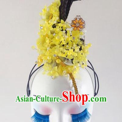 China Traditional Classical Dance Yellow Flowers Hair Accessories Handmade Beauty Dance Wigs Chignon