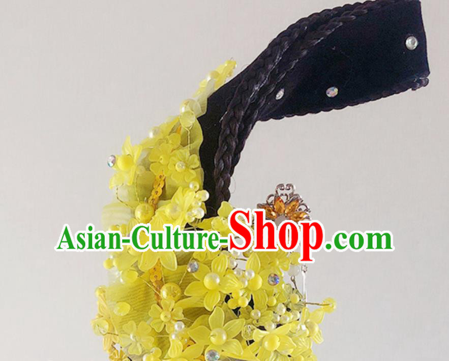 China Traditional Classical Dance Yellow Flowers Hair Accessories Handmade Beauty Dance Wigs Chignon China Traditional Classical Dance Yellow Flowers Hair Accessories Handmade Beauty Dance Wigs Chignon