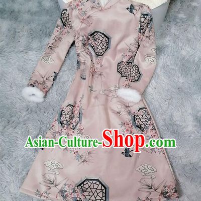 Chinese Classical Printing Plum Bamboo Pink Qipao Dress Traditional Winter Women Cheongsam