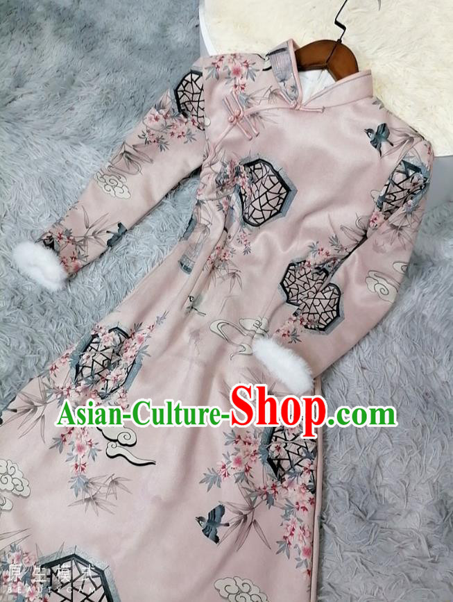 Chinese Classical Printing Plum Bamboo Pink Qipao Dress Traditional Winter Women Cheongsam Chinese Classical Printing Plum Bamboo Pink Qipao Dress Traditional Winter Women Cheongsam
