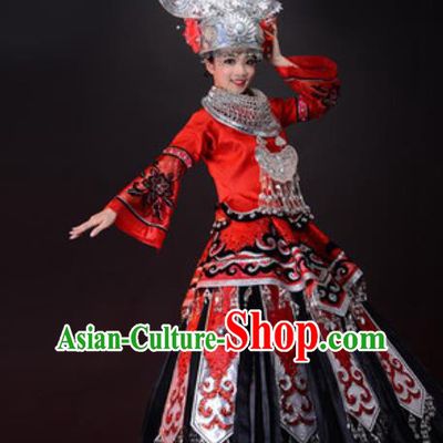 Chinese Ethnic Wedding Bride Red Dress Outfits Miao Nationality Minority Stage Performance Costumes