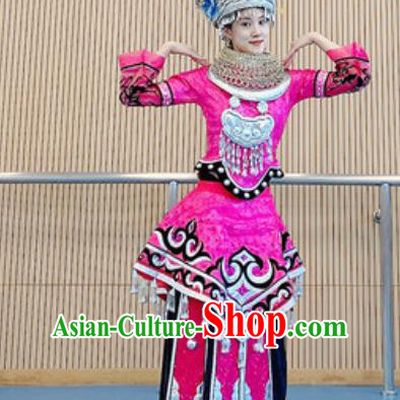 Chinese Miao Nationality Minority Wedding Bride Costumes Ethnic Folk Dance Rosy Dress Outfits
