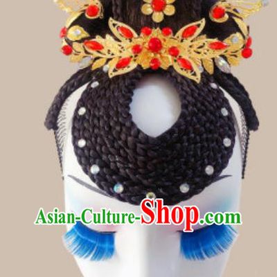 China Handmade Classical Dance Hair Clasp Traditional Stage Performance Wigs Chignon Headpiece