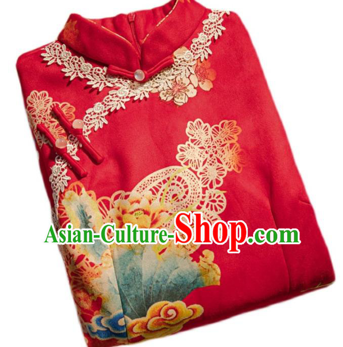 Chinese Bride Toast Clothing Classical Printing Red Qipao Dress Traditional Wedding Cheongsam Chinese Bride Toast Clothing Classical Printing Red Qipao Dress Traditional Wedding Cheongsam