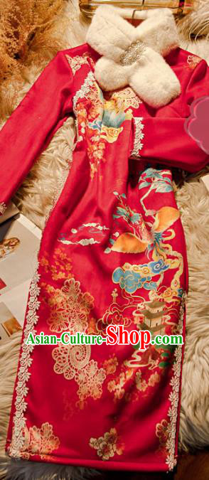 Chinese Bride Toast Clothing Classical Printing Red Qipao Dress Traditional Wedding Cheongsam Chinese Bride Toast Clothing Classical Printing Red Qipao Dress Traditional Wedding Cheongsam