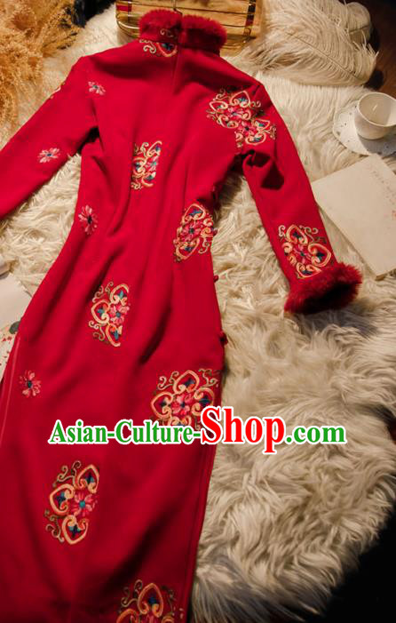 Chinese Traditional Wedding Cheongsam Bride Toast Clothing Classical Winter Red Qipao Dress Chinese Traditional Wedding Cheongsam Bride Toast Clothing Classical Winter Red Qipao Dress