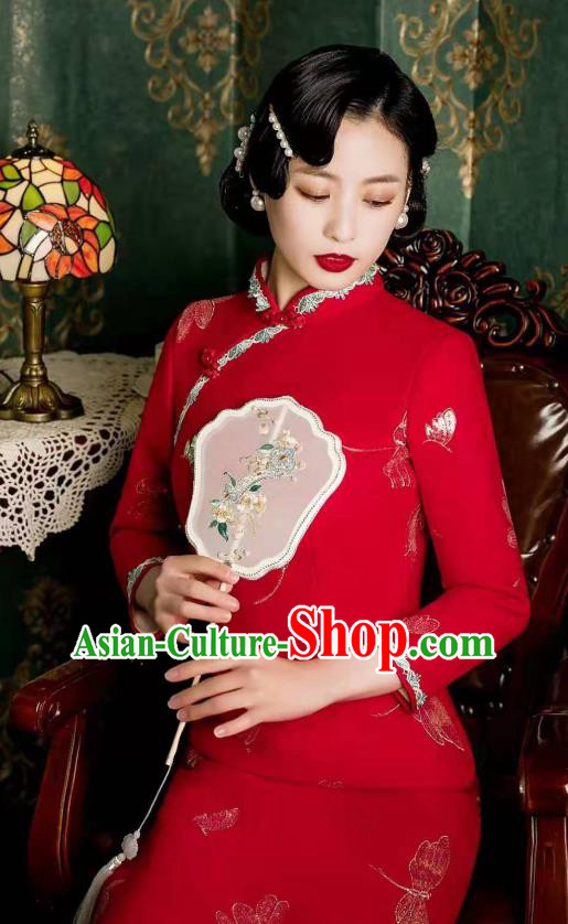 Chinese Classical Dragonfly Pattern Red Qipao Dress Traditional Wedding Cheongsam Bride Toast Clothing Chinese Classical Dragonfly Pattern Red Qipao Dress Traditional Wedding Cheongsam Bride Toast Clothing