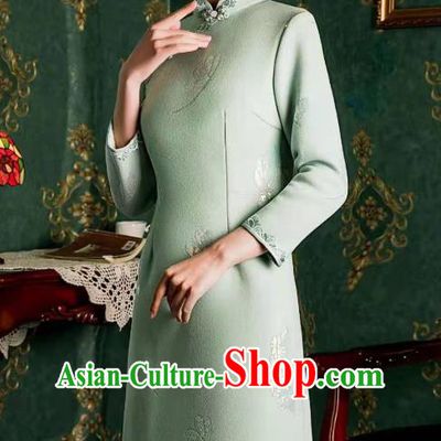 Chinese Traditional Cheongsam Classical Dragonfly Pattern Light Blue Qipao Dress