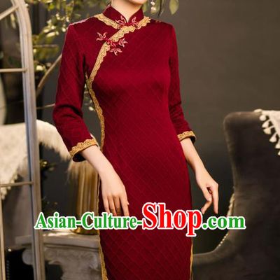 Chinese Traditional Wine Red Knitted Cheongsam Classical Wedding Women Qipao Dress