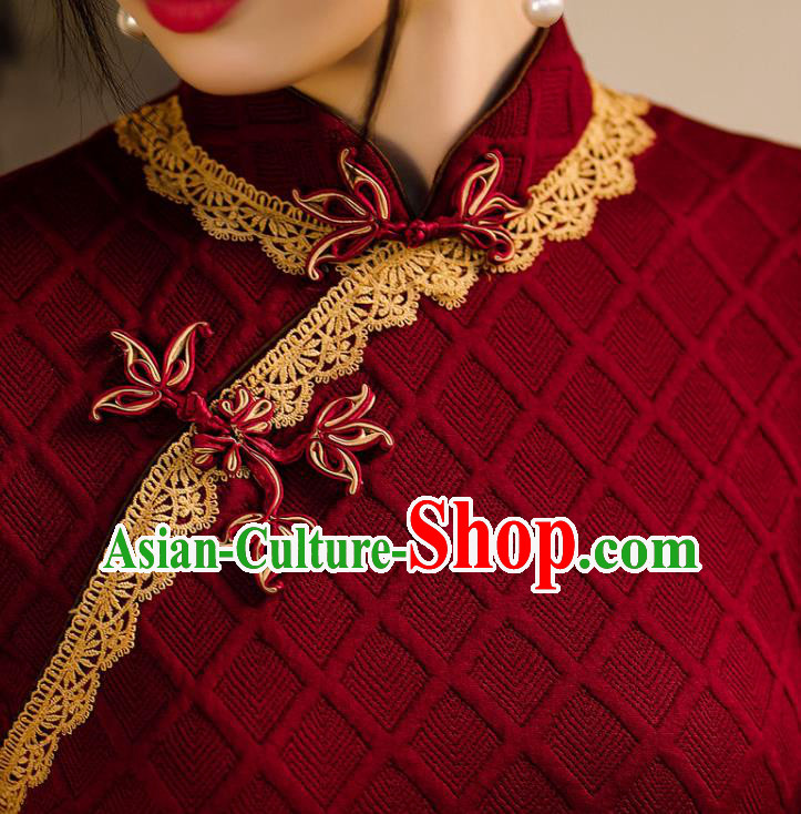 Chinese Traditional Wine Red Knitted Cheongsam Classical Wedding Women Qipao Dress Chinese Traditional Wine Red Knitted Cheongsam Classical Wedding Women Qipao Dress