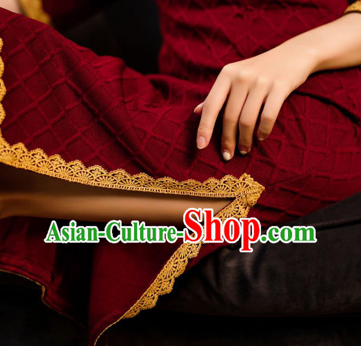 Chinese Traditional Wine Red Knitted Cheongsam Classical Wedding Women Qipao Dress Chinese Traditional Wine Red Knitted Cheongsam Classical Wedding Women Qipao Dress