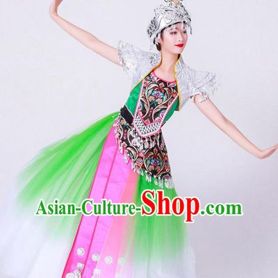 Chinese Ethnic Woman Stage Performance Green Dress Outfits Miao Nationality Minority Folk Dance Costumes