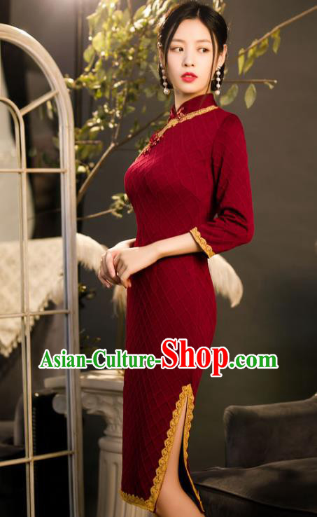 Chinese Traditional Wine Red Knitted Cheongsam Classical Wedding Women Qipao Dress Chinese Traditional Wine Red Knitted Cheongsam Classical Wedding Women Qipao Dress