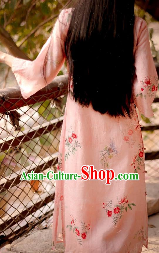 Chinese National Round Collar Qipao Dress Traditional Printing Pink Ramie Cheongsam