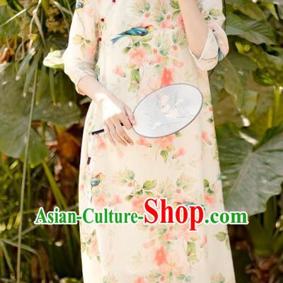 Chinese National Printing Flowers Bird Beige Ramine Qipao Dress Traditional Cheongsam Clothing