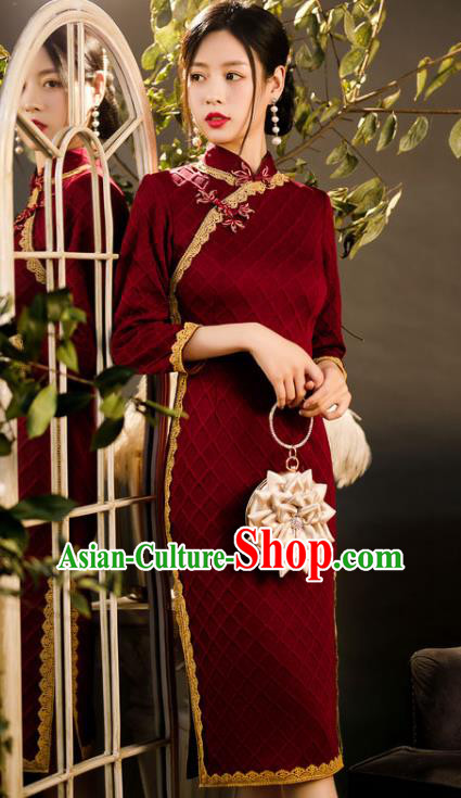 Chinese Traditional Wine Red Knitted Cheongsam Classical Wedding Women Qipao Dress Chinese Traditional Wine Red Knitted Cheongsam Classical Wedding Women Qipao Dress