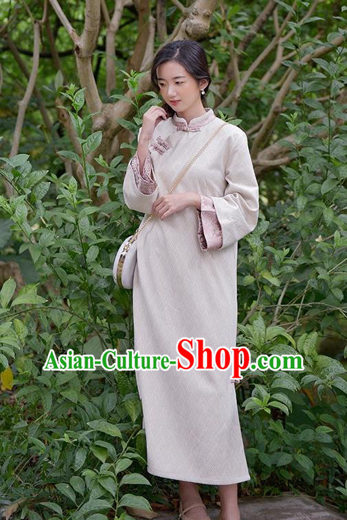 Chinese Traditional Tang Suit Cheongsam Clothing National Beige Suede Qipao Dress Chinese Traditional Tang Suit Cheongsam Clothing National Beige Suede Qipao Dress