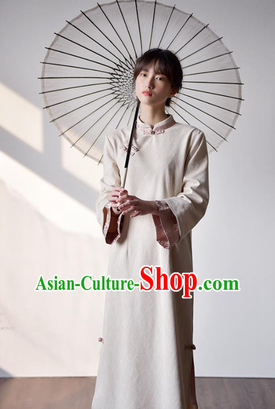 Chinese Traditional Tang Suit Cheongsam Clothing National Beige Suede Qipao Dress Chinese Traditional Tang Suit Cheongsam Clothing National Beige Suede Qipao Dress
