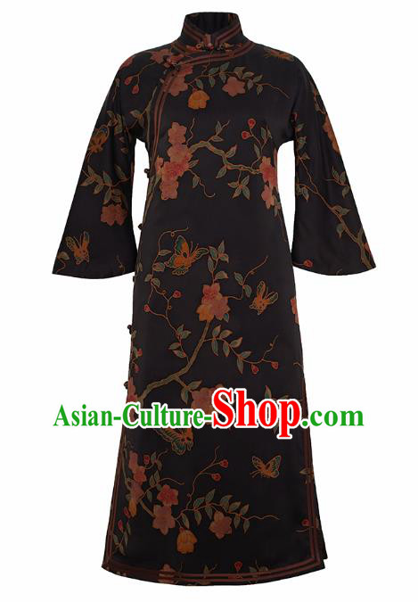 China Black Silk Qipao Dress Female Gambiered Guangdong Gauze Long Cheongsam China Black Silk Qipao Dress Female Gambiered Guangdong Gauze Long Cheongsam