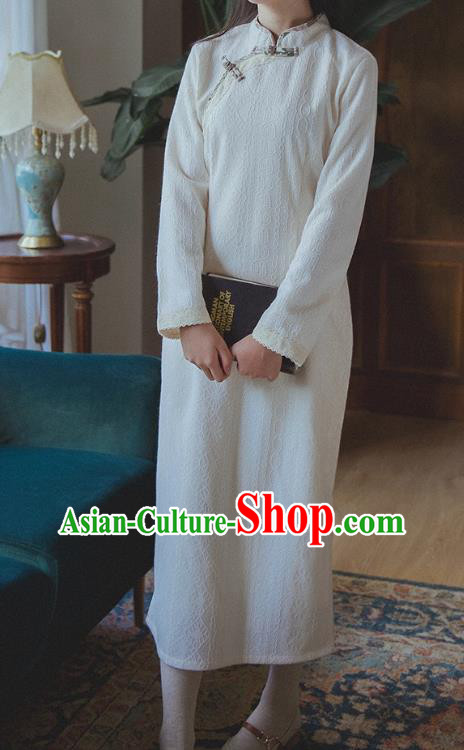 Chinese Traditional White Lace Cheongsam Clothing National Modern Dance Qipao Dress Chinese Traditional White Lace Cheongsam Clothing National Modern Dance Qipao Dress