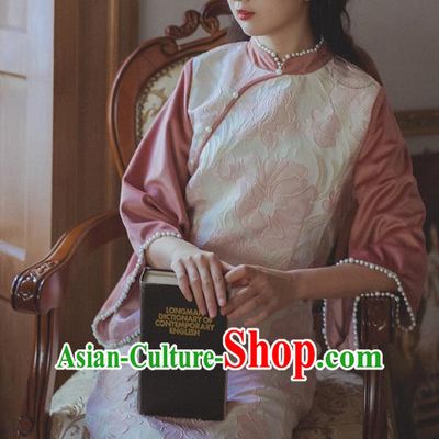 Chinese Traditional Wide Sleeve Cheongsam Clothing National Pink Corduroy Qipao Dress