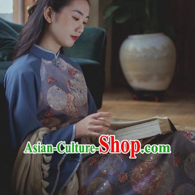Chinese Traditional Stand Collar Cheongsam Clothing National Printing Blue Wide Sleeve Qipao Dress