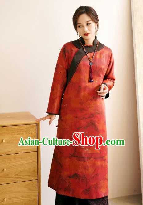 China Female Gambiered Guangdong Gauze Long Cheongsam Red Silk Qipao Dress China Female Gambiered Guangdong Gauze Long Cheongsam Red Silk Qipao Dress