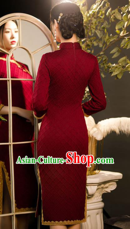 Chinese Traditional Wine Red Knitted Cheongsam Classical Wedding Women Qipao Dress Chinese Traditional Wine Red Knitted Cheongsam Classical Wedding Women Qipao Dress